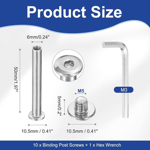 PATIKIL M5x5mm Hex Chicago Screws 6x50mm, 10Pcs 304 Stainless Steel Metric Hex Drive Socket Cap Binding Post Screw Posts for Scrapbook Leather Belt Album Furniture Repair, Silver in Saudi Arabia