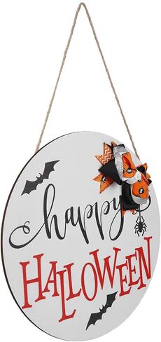 Gonetre Halloween Door Hanging Sign Bat Pattern Outdoor Indoor Decoration Wooden Fiberboard 30cm Diameter (White (with bow)) in Saudi Arabia