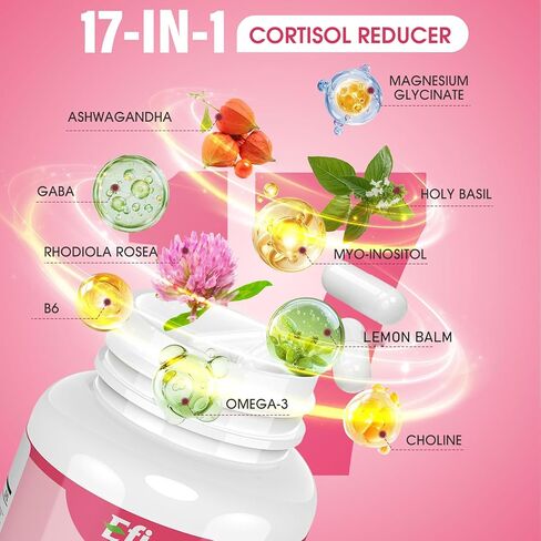 Cortisol Reducer, 17-in-1 Cortisol Supplement for Women, Hormone Harmony for Women with Ashwagandha, Rhodiola Rosea, Magnesium Glycinate, Omega-3, for Mood, Focus, Sleep Support, 60 Capsules in Saudi Arabia