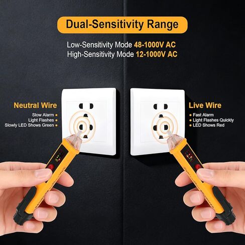 جهاز اختبار الجهد الكهربي غير التلامسي ثنائي النطاق قلم اختبار الجهد الكهربي تيار متردد 12 فولت/48 فولت-1000 فولت، جهاز اختبار الأسلاك الحية/الفارغة، جهاز اختبار كهربائي مع شاشة LCD، منبه صفارة، مصباح يدوي، أدوات البحث عن نقاط انقطاع الأسلاك in Kuwait