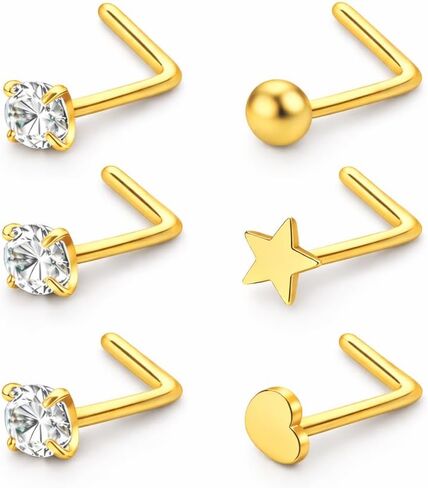 Hypoallergenic 316L Surgical Steel Nose Studs 20G Nose Rings Studs 14K Gold Filled/Silver L Shaped Nose Stud CZ/Heart/Star/Ball Nose Nostrial Piercing Jewelry for Women in Saudi Arabia