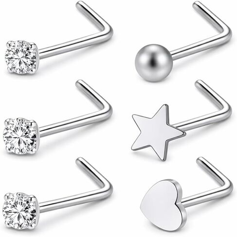 Hypoallergenic 316L Surgical Steel Nose Studs 20G Nose Rings Studs 14K Gold Filled/Silver L Shaped Nose Stud CZ/Heart/Star/Ball Nose Nostrial Piercing Jewelry for Women in Saudi Arabia