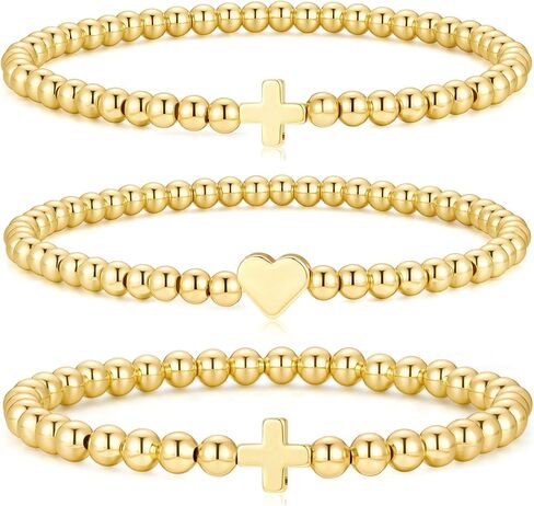 M MOOHAM Gold Beaded Bracelets for Women - Dainty14K Gold Plated Beaded Ball Pearl Cross Bracelet Set Stack Stretch Bracelet for Women Trendy Non Tarnish Adjustable Jewelry Gifts in Saudi Arabia