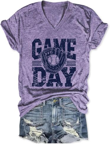 قمصان البيسبول للنساء مضحك لعبة البيسبول يوم الرسم تي شيرت الرياضة أمي قميص عارضة قصيرة الأكمام الخامس الرقبة المحملات in Kuwait