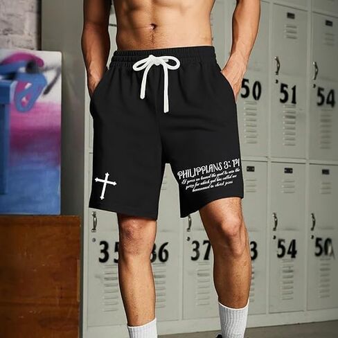 Christian Shorts for Men Letter Graphic Athletic Short with Pockets Casual Workout Gym Mesh Quick Dry Sports Shorts in Saudi Arabia