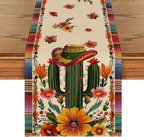 Artoid Mode Cactus Sombrero Hats Flowers Mexican Cinco De Mayo Table Runner, Seasonal Holiday Kitchen Dining for Home Party Decor 13x72 Inch in Saudi Arabia