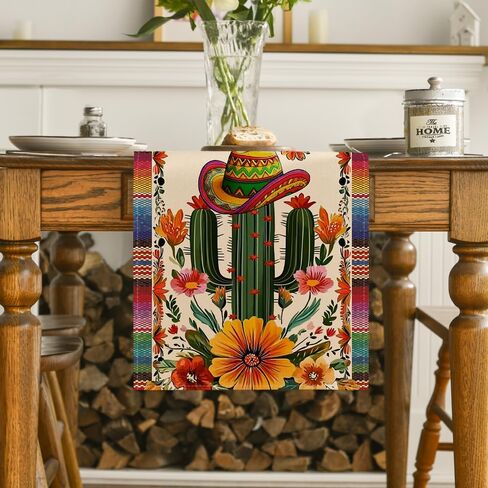 Artoid Mode Cactus Sombrero Hats Flowers Mexican Cinco De Mayo Table Runner, Seasonal Holiday Kitchen Dining for Home Party Decor 13x72 Inch in Saudi Arabia