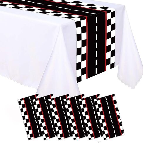 6 Pcs Plastic Racing Car Table Runners 14" x 108" Racing Car Party Decoration Black Checkered Flag Disposable Table Runner for Black Checkered Flag Theme Birthday Party Supplies in Saudi Arabia