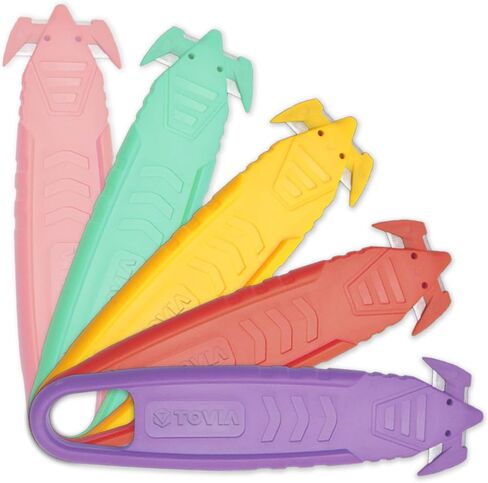 سكين تقطيع صندوق الأمان من T TOVIA من شفرة الفولاذ المقاوم للصدأ المخفية والمجوفة، قاطعة بلاستيكية فتاحة العبوات للصندوق والكرتون واللفائف المنكمشة والأشرطة البلاستيكية، 5 قطع 5 ألوان in Kuwait