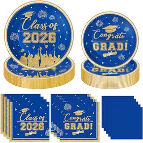 لوحات ومناديل التخرج 2026 لوازم حفلات التخرج، فئة 2026 Congrats Grad مجموعة مناديل ورقية للاستعمال مرة واحدة لتزيين حفلات التخرج باللونين الأزرق والذهبي 2026، تخدم 25 شخصًا in Kuwait