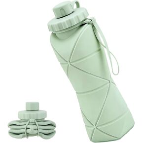 زجاجة مياه قابلة للطي للسفر سعة 20 أونصة (600 مل)، خالية من مادة BPA، زجاجة مياه قابلة للطي وخفيفة الوزن من السيليكون وقابلة لإعادة الاستخدام مع غطاء مانع للتسرب وحبل قصير، محمولة للسفر وركوب الدراجات والتخييم (أخضر) in Kuwait