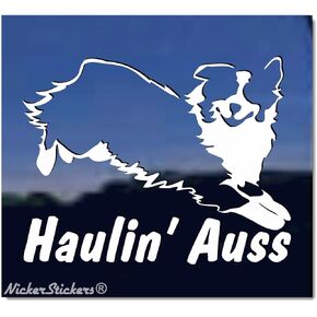 Haulin' Auss | NickerStickers® Jumping Australian Shepherds Dog Vinyl Window Decal in Saudi Arabia