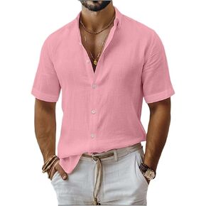 Men's Linen Shirts Summer Short Sleeve Button Down Collar Beach Boho Tops Cruise Shirt Casual Breathable Spring Tees in Kuwait