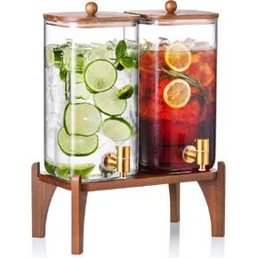 عبوتان من موزع مشروبات زجاجي مربع بسعة 1.5 جالون مع حامل وغطاء خشبي، موزع مشروبات كبير مع حنفية من الفولاذ المقاوم للصدأ، وموزع عصير وعصير الليمون للحفلات والشاي المثلج والماء وموفر للمساحة in Kuwait