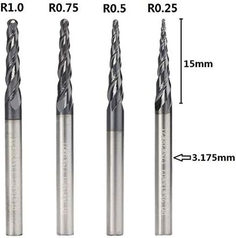 4pcs 2-Flute Tapered Ball Nose Spiral End Mill R0.25-R1.0 TiAIN Coated CNC Milling Cutter 3.175mm Shank Carbide Woodworking Engraving Bit in Saudi Arabia