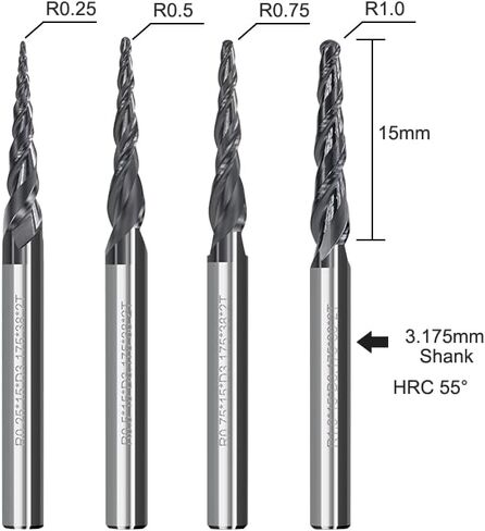4pcs 2-Flute Tapered Ball Nose Spiral End Mill R0.25-R1.0 TiAIN Coated CNC Milling Cutter 3.175mm Shank Carbide Woodworking Engraving Bit in Saudi Arabia