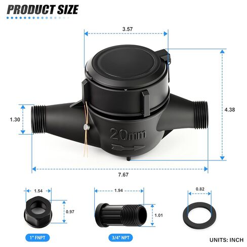 MEANLIN MEASURE Plastic 3/4" NPT Couplings Water Meter Gallon Cold Water Meter for Garden or Home, 20MM Measuring in Cubic Meter, Single-Jet Horizontal Install in Saudi Arabia