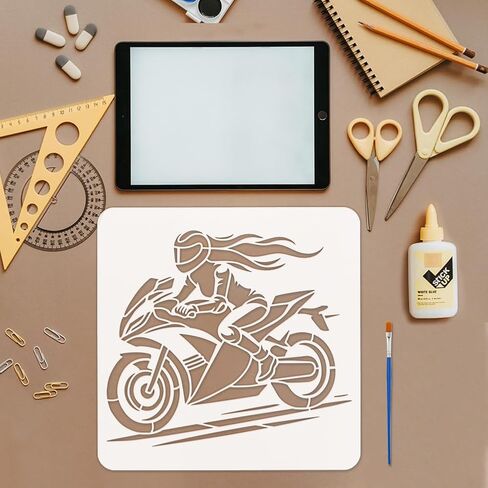 FINGERINSPIRE Motorcycle Female Rider Stencil - Large 11.8x11.8inch Reusable Stencil - DIY Craft Template - Motorcycle Theme Stencils for Home Decor in Saudi Arabia