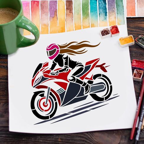 FINGERINSPIRE Motorcycle Female Rider Stencil - Large 11.8x11.8inch Reusable Stencil - DIY Craft Template - Motorcycle Theme Stencils for Home Decor in Saudi Arabia