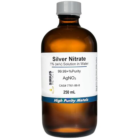 محلول نترات الفضة (CAS# 7761-88-8) - 1.0% (وزن/حجم في الماء) في صورة AgNO3 (0.635% في صورة Ag) - 99.99+% نقاء: 250 مل في زجاجة كهرمانية زجاجية in Kuwait