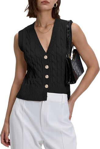 Locachy Women's V Neck Sleeveless Cable Knit Sweater Vest Soft 2025 Summer Button Front Cardigan Tank Tops in Saudi Arabia