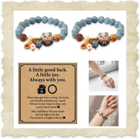 2Pcs Lucky Cat Bracelet for Women, Blue Crystal Beads with Hand-Painted Ceramic Cat Charm, Meaning-Inspired Jewelry for New Beginnings, Gift for Women, Friends, Mom, Birthday, Valentine’s Day in Saudi Arabia