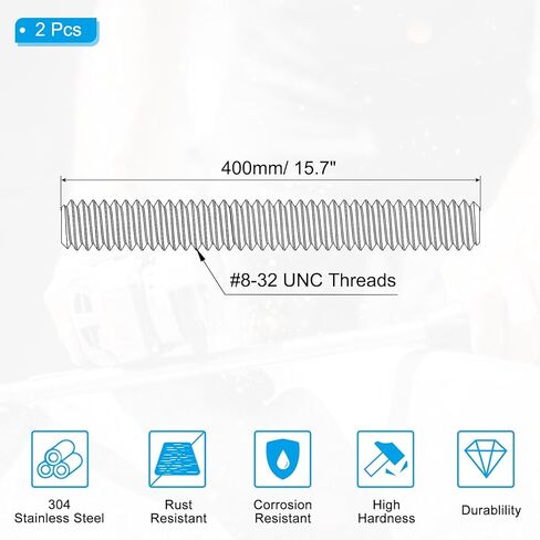 PATIKIL #8-32 UNC 304 Stainless Steel Fully Threaded Rod, 2Pcs 15.7" Length Long Threaded Screw Right Hand Threads All Threaded Rod Studs for Anchoring Bolt, Clamps, Hangers and U-Bolts in Saudi Arabia