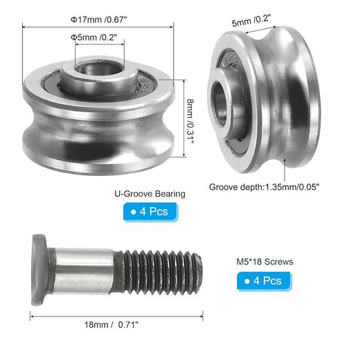 PATIKIL U Groove Bearing, 4 Pack 5x17x8mm SG15 Deep U Groove Guide Pulley Double Sealed Chrome Steel Ball Bearings with M5x18 Screws for Rail Track Liner Motion System in Saudi Arabia