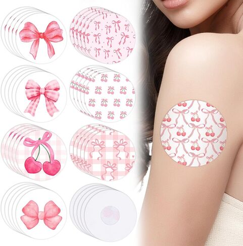 JarThenaAMCS 40 Pcs Pink Adhesive Patch NO Glue in The Center Sensor Cover Pre-Cut Bow Cherry Elastic Fabric for Continuous Glucose Monitor Fits Freestyle Libre 2 & 3 in Saudi Arabia