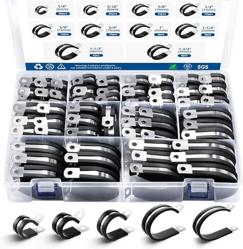 118PCS Cable Clamps Assortment Kit,10 Sizes—1/4" 5/16" 3/8" 1/2" 5/8" 3/4" 1" 1-1/4" 1-1/2" 1-3/4" Stainless Steel Rubber Cushion Insulated Wire Clamps for Hose,Tube,Automotive,Fuel Line in Saudi Arabia
