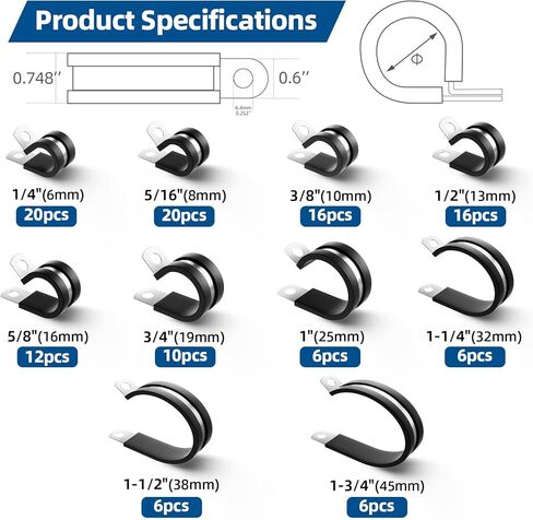 118PCS Cable Clamps Assortment Kit,10 Sizes—1/4" 5/16" 3/8" 1/2" 5/8" 3/4" 1" 1-1/4" 1-1/2" 1-3/4" Stainless Steel Rubber Cushion Insulated Wire Clamps for Hose,Tube,Automotive,Fuel Line in Saudi Arabia