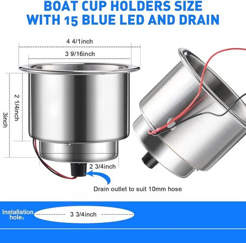 2 Pcs LED Cup Holder Marine Drink Holder Stainless Steel Cup Holders Insert with Drain for Boat Yacht Car Camper Truck RV (Blue LED) in Saudi Arabia