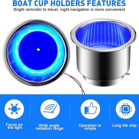 2 Pcs LED Cup Holder Marine Drink Holder Stainless Steel Cup Holders Insert with Drain for Boat Yacht Car Camper Truck RV (Blue LED) in Saudi Arabia