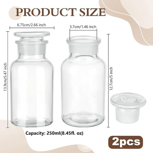 OLYCRAFT 2 قطعة زجاجة كاشف زجاجية للمختبر 250 مل/8.45 أونصة زجاجات تخزين زجاجية واسعة الفم مع سدادة أرضية زجاجات وسائط كاشفة شفافة مزهرية لتخزين مختبر العلوم عينة من الماء الصلب in Kuwait