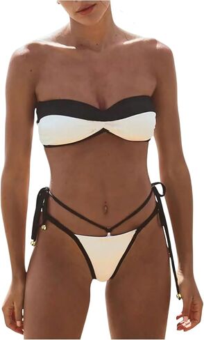 SHENHE Women's Bandeau Bikini Set Color Block Strapless High Cut Cheeky String Swimsuits 2 Piece in Saudi Arabia