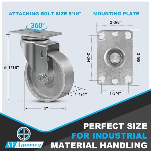 SY America 4" Heavy Duty Casters Set of 4,Cast Iron Semi-Steel Caster Wheels,Metal Industrial Casters,1600 LB Capacity-2 Swivel & 2 Rigid in Saudi Arabia