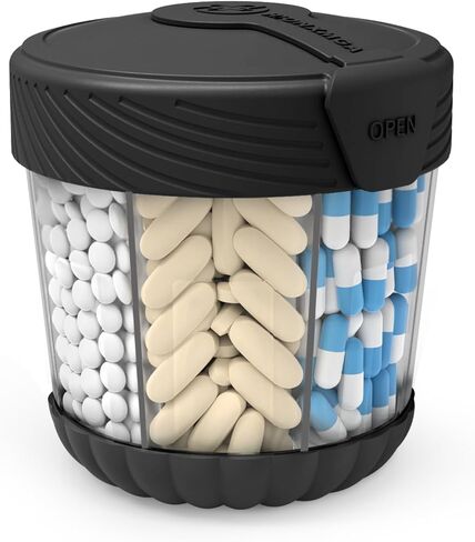 HIONXMGA Large Pill Dispenser with 7 Compartments, Portable Pill Bottle Organizer for Travel, Anti-Mix Supplement Organizer Easy Twist Wide-Opening, BPA-Free Pill Box Container with 20Pcs Labels,Black in Kuwait