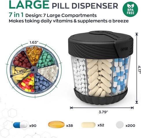 HIONXMGA Large Pill Dispenser with 7 Compartments, Portable Pill Bottle Organizer for Travel, Anti-Mix Supplement Organizer Easy Twist Wide-Opening, BPA-Free Pill Box Container with 20Pcs Labels,Black in Kuwait