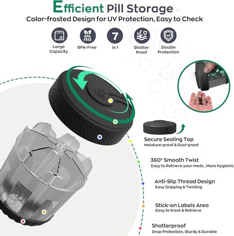 HIONXMGA Large Pill Dispenser with 7 Compartments, Portable Pill Bottle Organizer for Travel, Anti-Mix Supplement Organizer Easy Twist Wide-Opening, BPA-Free Pill Box Container with 20Pcs Labels,Black in Kuwait