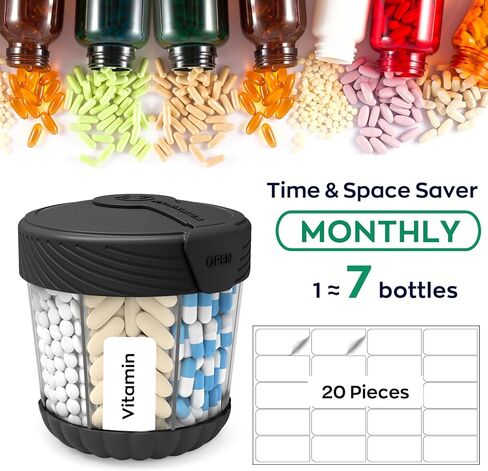 HIONXMGA Large Pill Dispenser with 7 Compartments, Portable Pill Bottle Organizer for Travel, Anti-Mix Supplement Organizer Easy Twist Wide-Opening, BPA-Free Pill Box Container with 20Pcs Labels,Black in Kuwait
