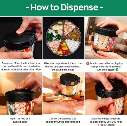 HIONXMGA Large Pill Dispenser with 7 Compartments, Portable Pill Bottle Organizer for Travel, Anti-Mix Supplement Organizer Easy Twist Wide-Opening, BPA-Free Pill Box Container with 20Pcs Labels,Black in Kuwait