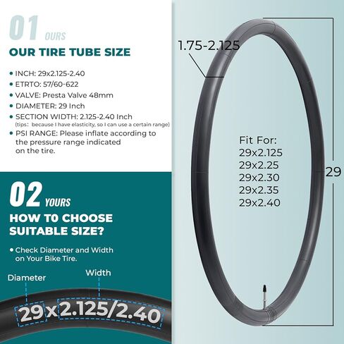 قطعتان، أنابيب دراجة ممتازة 29X2.125/2.20/2.25/2.30/2.35/2.40، متوافقة مع إطارات الدراجة 29x2.125 إلى 2.40، مع صمام بريستا FV48mm، مطاط البوتيل، تستخدم للدراجات الجبلية والطراد والمدينة والطرق in Kuwait