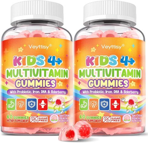 Sugar Free Kids Multivitamin Gummies - Kids Vitamins with Iron, Probiotics & Omega-3 for Healthy Growth - Plus Elderberry, Vitamin C, D3 & Zinc for Immunity - Ages 4-12, Natural Peach Flavor in Saudi Arabia