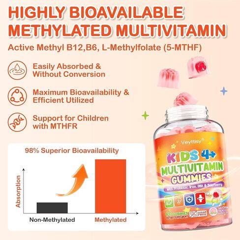 Sugar Free Kids Multivitamin Gummies - Kids Vitamins with Iron, Probiotics & Omega-3 for Healthy Growth - Plus Elderberry, Vitamin C, D3 & Zinc for Immunity - Ages 4-12, Natural Peach Flavor in Saudi Arabia