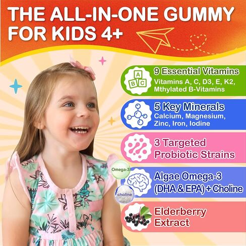 Sugar Free Kids Multivitamin Gummies - Kids Vitamins with Iron, Probiotics & Omega-3 for Healthy Growth - Plus Elderberry, Vitamin C, D3 & Zinc for Immunity - Ages 4-12, Natural Peach Flavor in Saudi Arabia