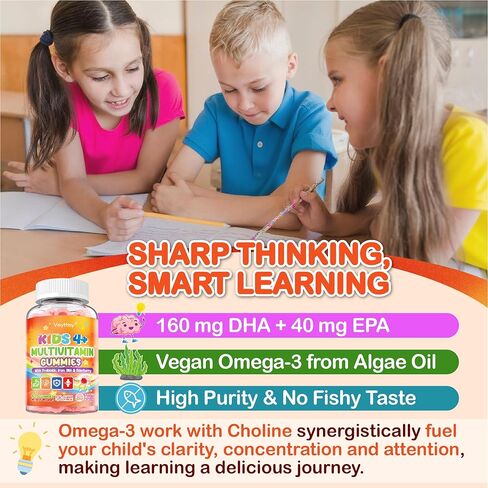 Sugar Free Kids Multivitamin Gummies - Kids Vitamins with Iron, Probiotics & Omega-3 for Healthy Growth - Plus Elderberry, Vitamin C, D3 & Zinc for Immunity - Ages 4-12, Natural Peach Flavor in Saudi Arabia