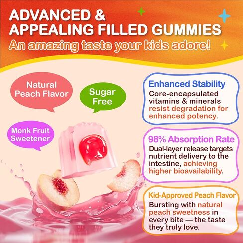 Sugar Free Kids Multivitamin Gummies - Kids Vitamins with Iron, Probiotics & Omega-3 for Healthy Growth - Plus Elderberry, Vitamin C, D3 & Zinc for Immunity - Ages 4-12, Natural Peach Flavor in Saudi Arabia