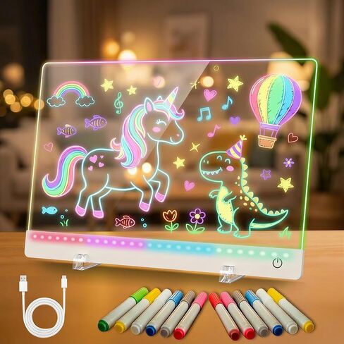 لوحة رسم LED قابلة لإعادة الشحن للأطفال، لوحة رسم متوهجة مقاس 17 بوصة مع 7 ألوان و4 أوضاع إضاءة، لوحة ملاحظات قابلة للمسح الجاف من الأكريليك المضيئة مع حامل، سلسلة تعليق، 12 قلم تحديد، هدية عيد الميلاد in Kuwait