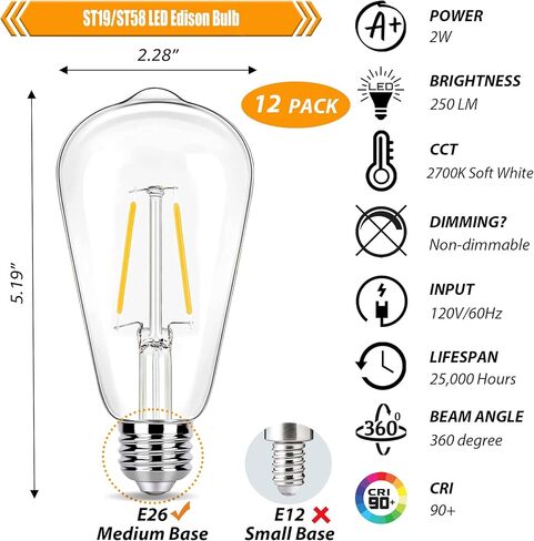12 حزمة من مصابيح إديسون LED بقدرة 2 وات، مصابيح كهربائية 25 وات مكافئة، 2700 كلفن دافئ ناعم مع قاعدة قياسية E26، مصابيح إضاءة منخفضة واط LED ST19، 250 لومن، غير قابلة للتعتيم، 120 فولت in Kuwait