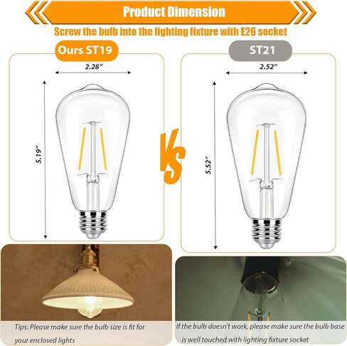 12 حزمة من مصابيح إديسون LED بقدرة 2 وات، مصابيح كهربائية 25 وات مكافئة، 2700 كلفن دافئ ناعم مع قاعدة قياسية E26، مصابيح إضاءة منخفضة واط LED ST19، 250 لومن، غير قابلة للتعتيم، 120 فولت in Kuwait